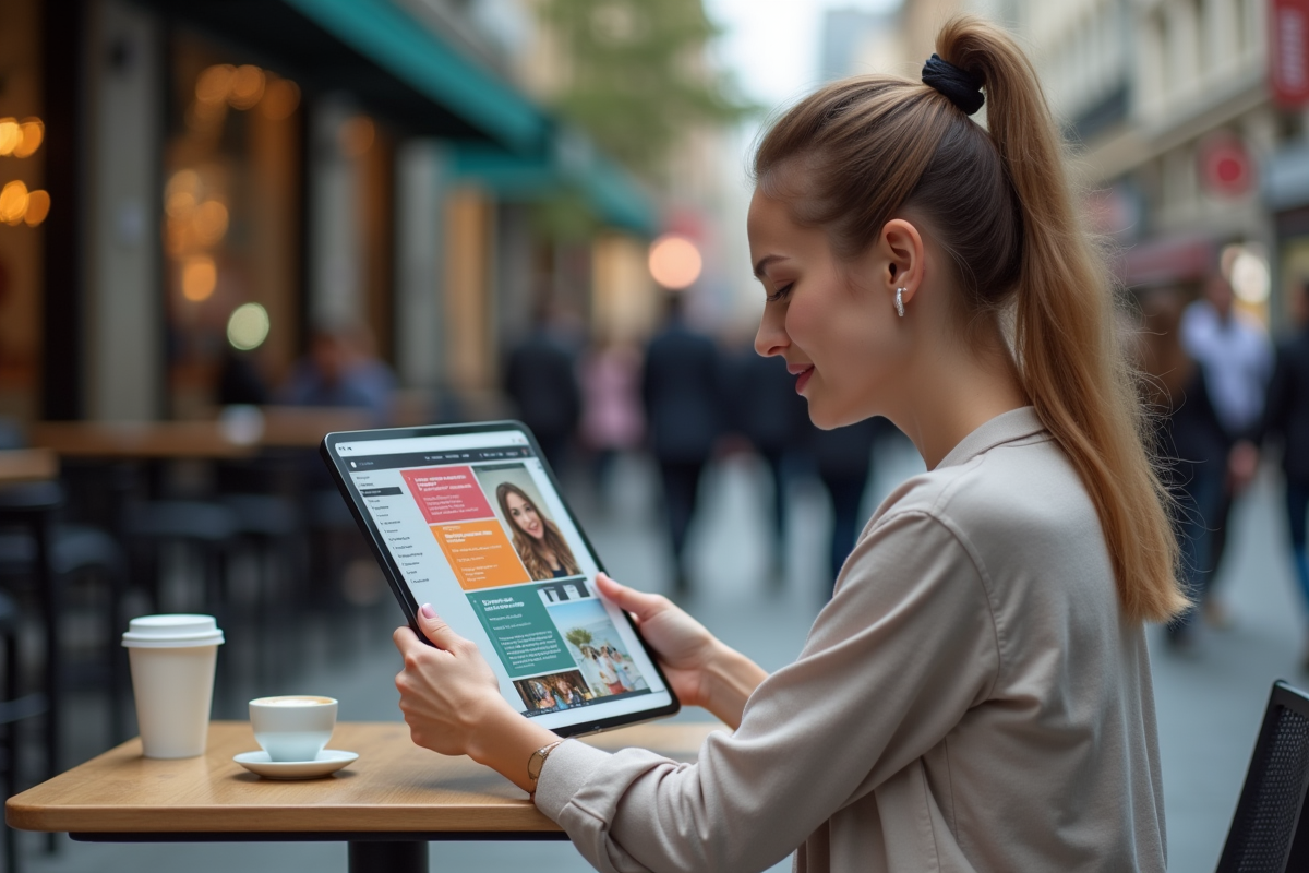 Femme au café utilisant une tablette avec flux RSS
