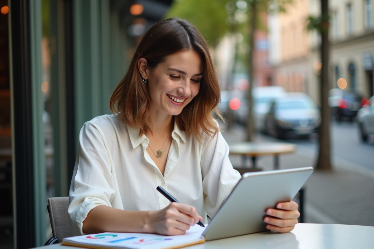 Femme travaillant dehors avec une tablette et un carnet