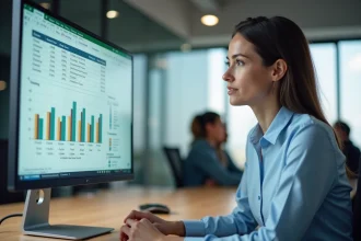Femme professionnelle analysant un tableau Excel avec des formules de calcul de pourcentage sur un écran d'ordinateur de bureau