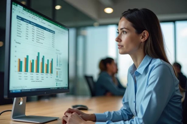 Femme professionnelle analysant un tableau Excel avec des formules de calcul de pourcentage sur un écran d'ordinateur de bureau