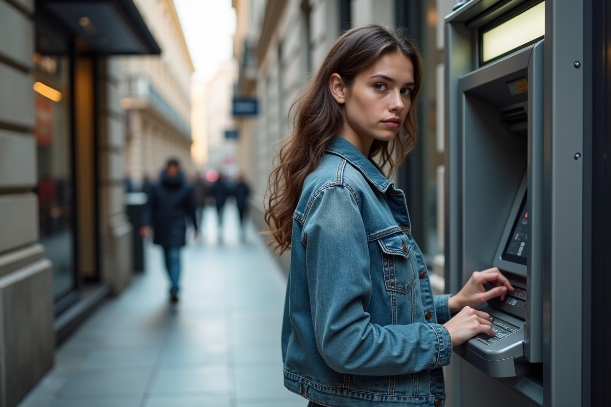 Jeune femme au distributeur automatique en panne en ville