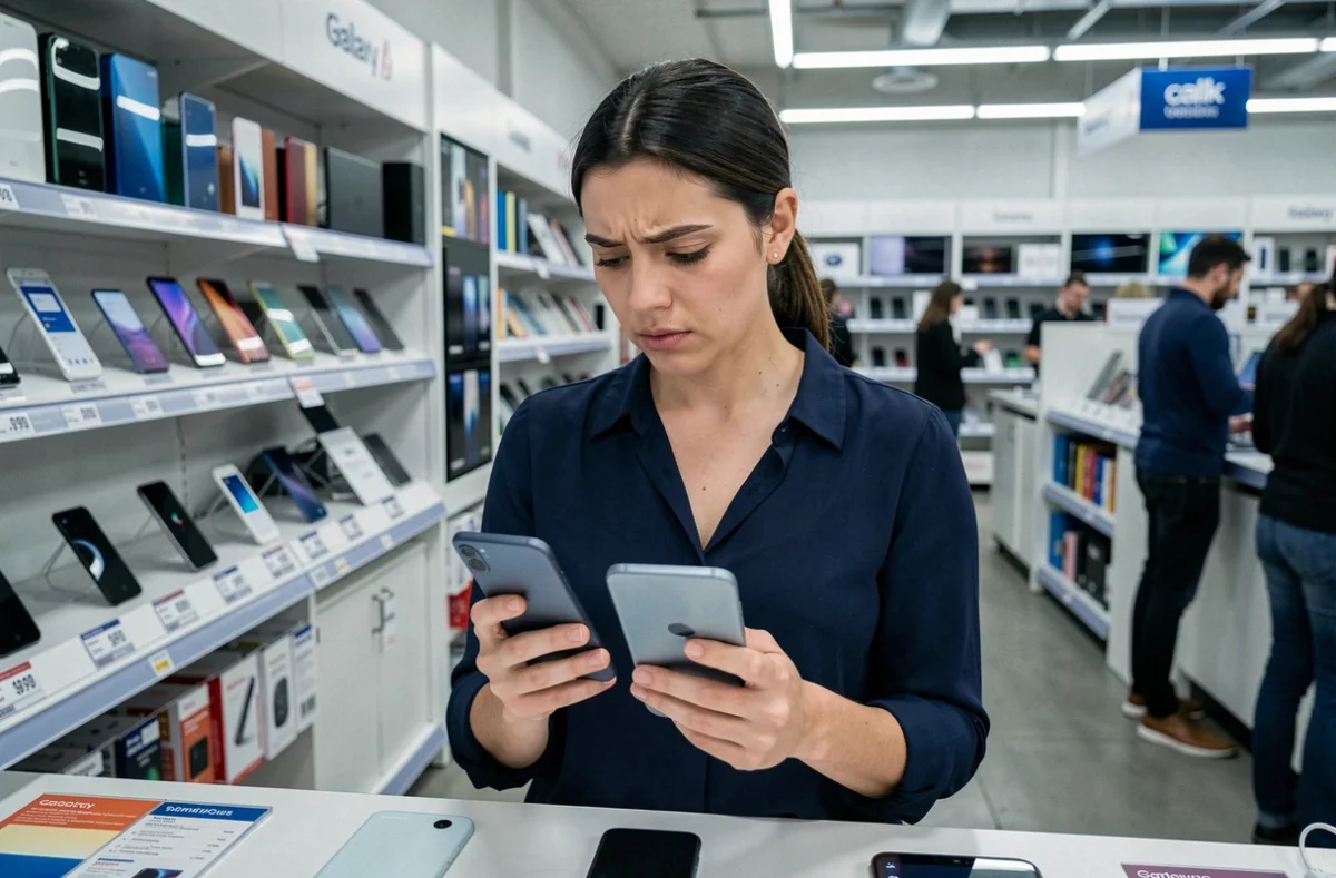 Femme comparant deux modèles de Samsung Galaxy dans un magasin de téléphonie avant de faire son choix