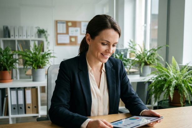 Femme confiante en bureau moderne avec tablette numérique