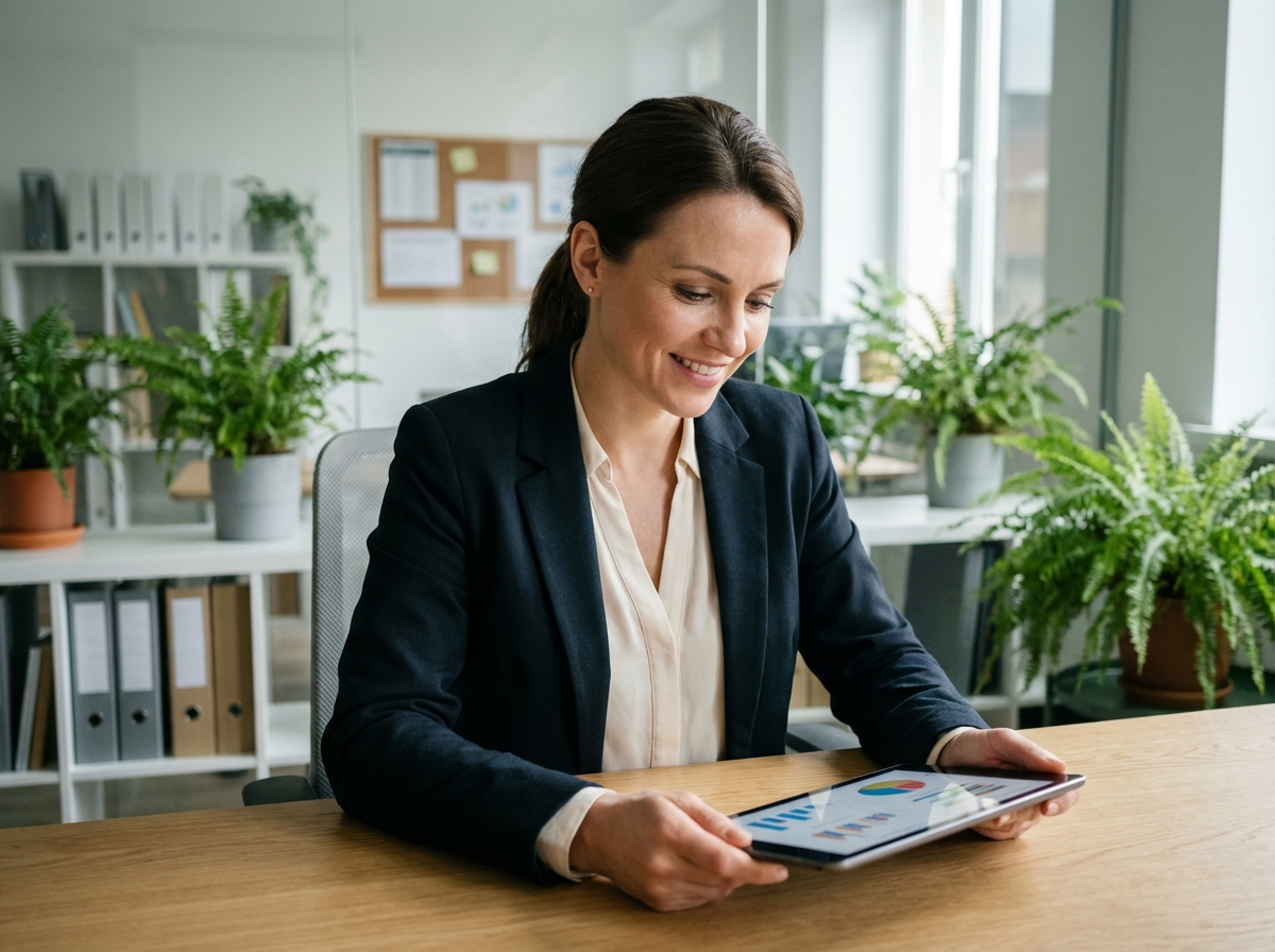 Femme confiante en bureau moderne avec tablette numérique
