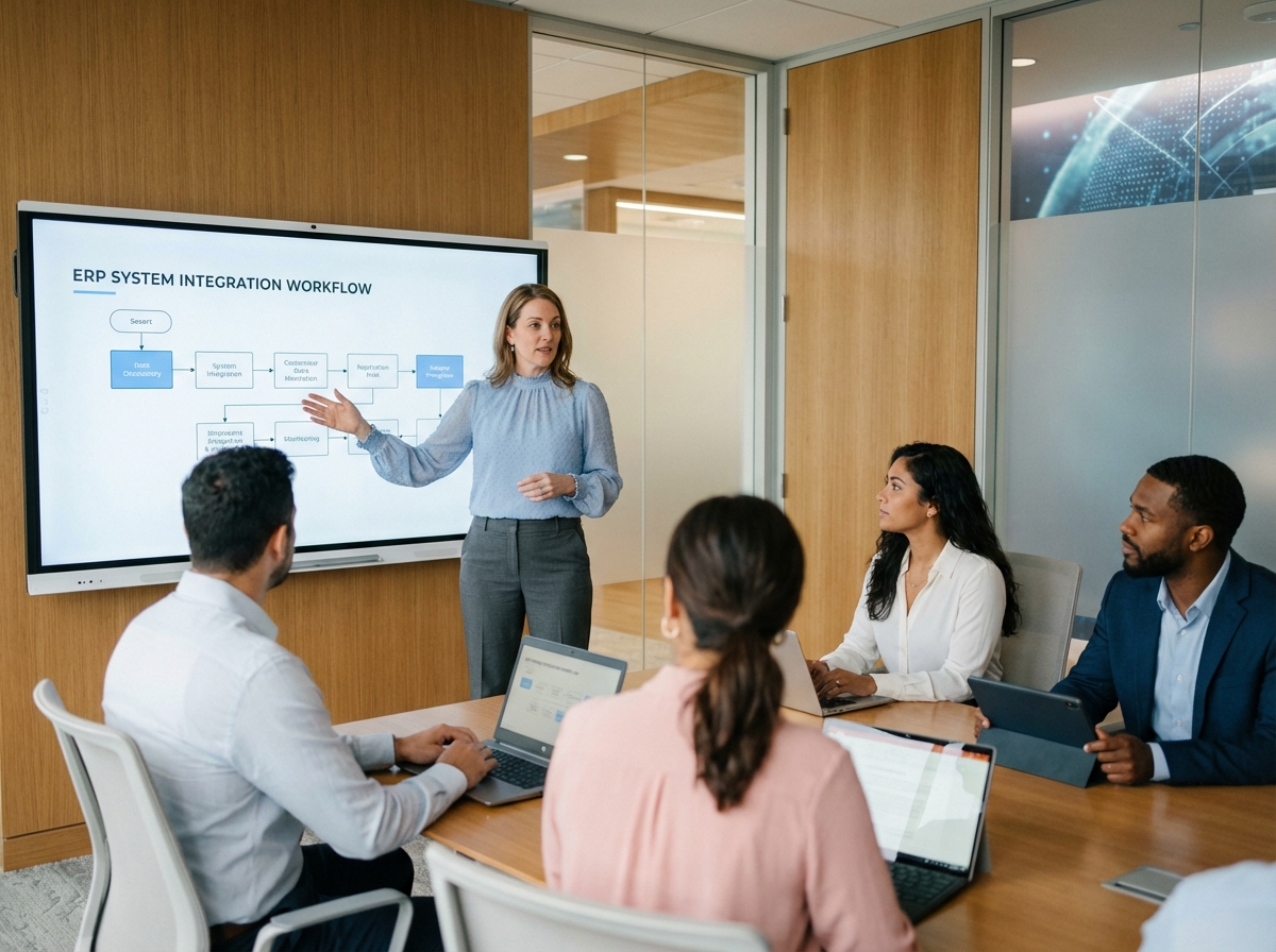 Femme consultante expliquant un systeme en réunion