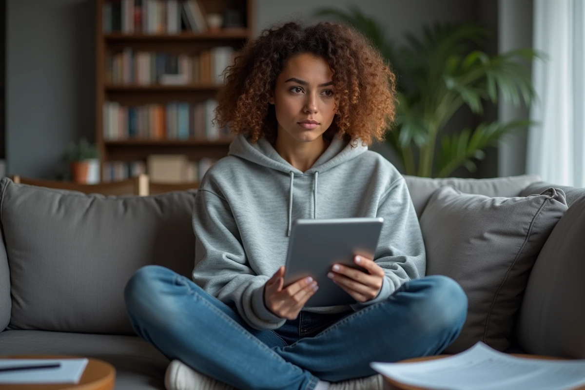 Femme consultant un document juridique numérique sur une tablette dans un salon moderne