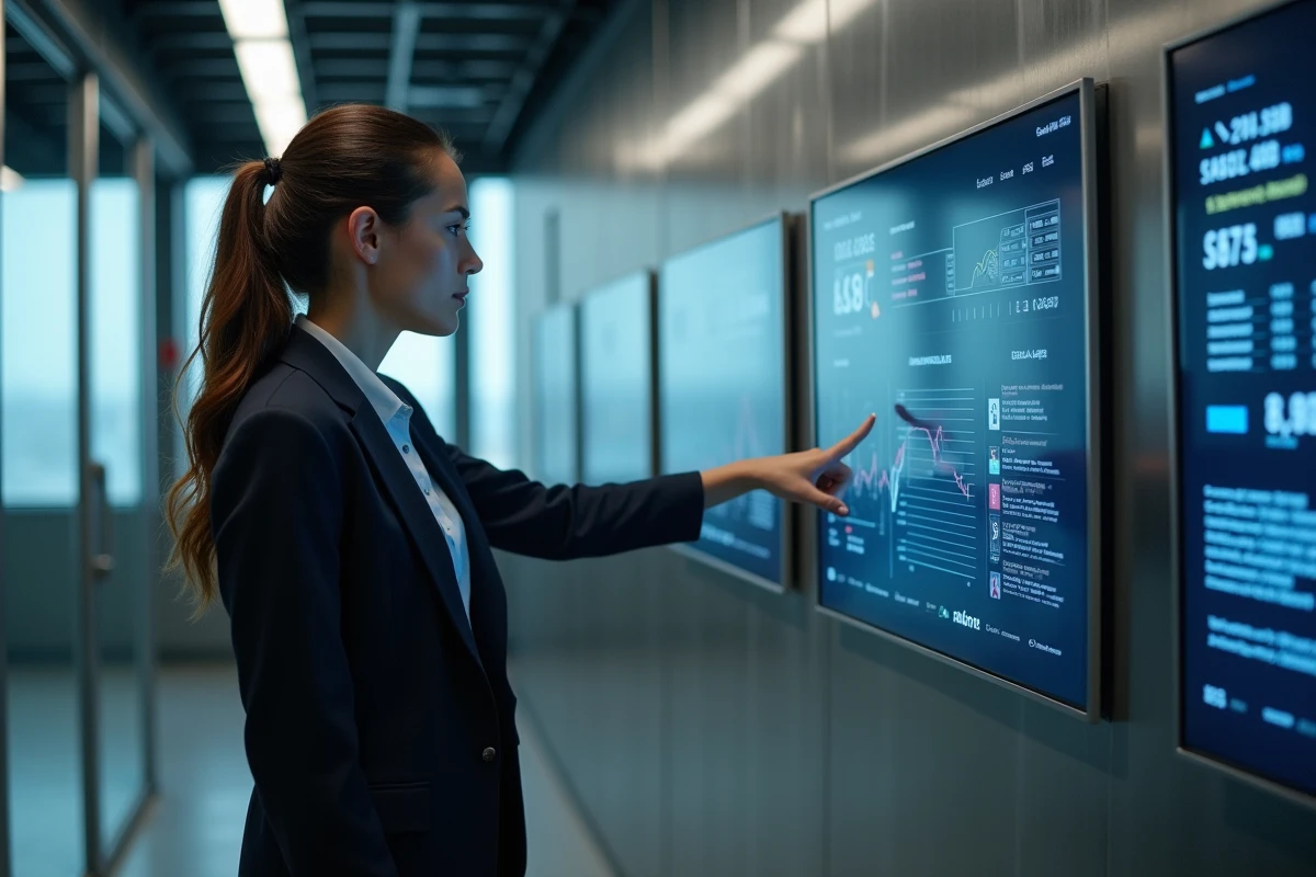 Jeune femme en tenue professionnelle utilisant un écran tactile