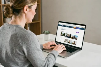 Femme convertissant une vidéo en MP4 en ligne sur un ordinateur portable dans un bureau minimaliste