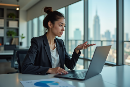 Jeune femme en blazer analysant un graphique sur un ordinateur