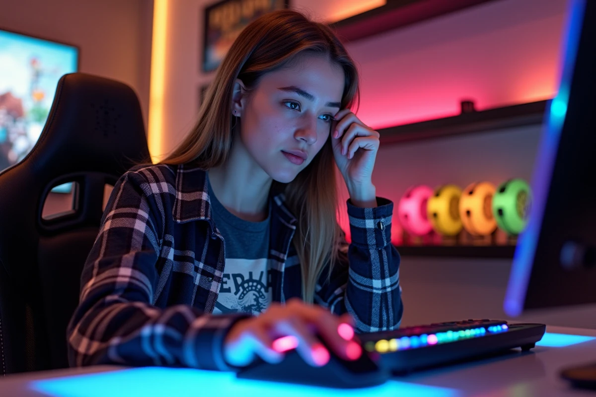 Jeune femme démontrant le drag clicking dans un café gaming coloré