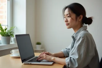 Femme écrivant sur un ordinateur portable avec une interface minimaliste de compteur de mots dans un bureau épuré