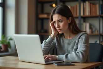 Jeune femme frustrée devant un message d'erreur sur son ordinateur portable en essayant d'accéder à sa boîte mail académique