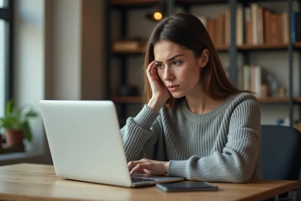 Jeune femme frustrée devant un message d'erreur sur son ordinateur portable en essayant d'accéder à sa boîte mail académique