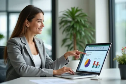 Femme professionnelle pointant un graphique camembert sur Excel dans un bureau moderne