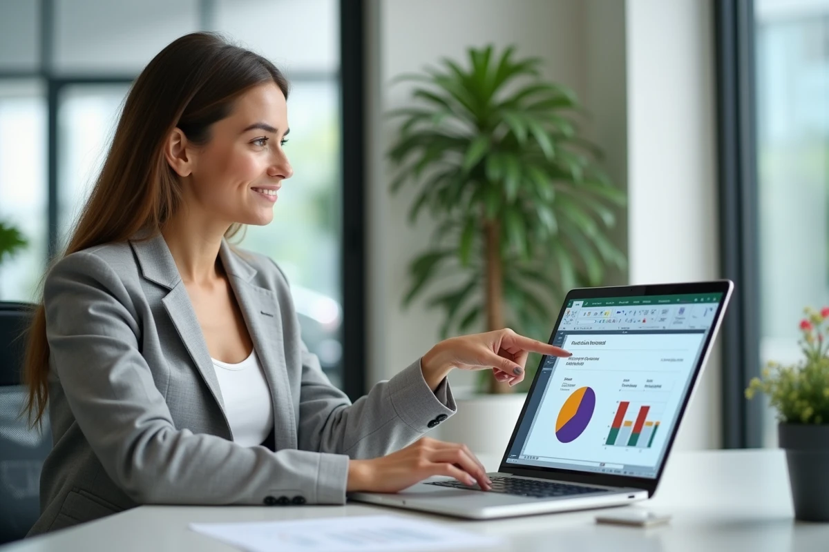 Femme professionnelle pointant un graphique camembert sur Excel dans un bureau moderne