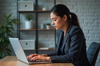 Femme utilisant un assistant IA sur laptop et s'interrogeant sur la confidentialité de ses données personnelles