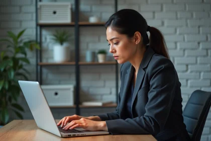 Femme utilisant un assistant IA sur laptop et s'interrogeant sur la confidentialité de ses données personnelles