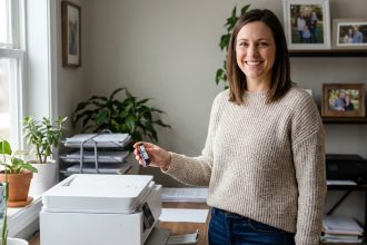 Femme souriante avec cartouche d'encre dans un espace de travail cosy