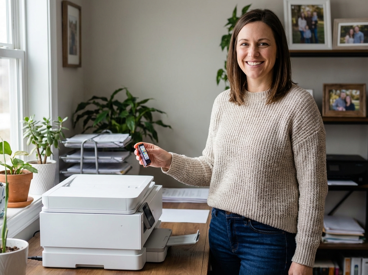 Femme souriante avec cartouche d'encre dans un espace de travail cosy