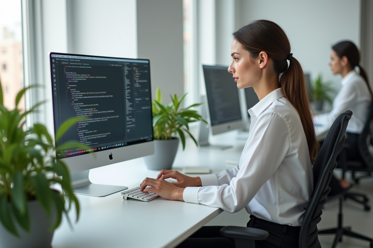 Jeune femme programmeuse travaillant sur ses écrans en open space