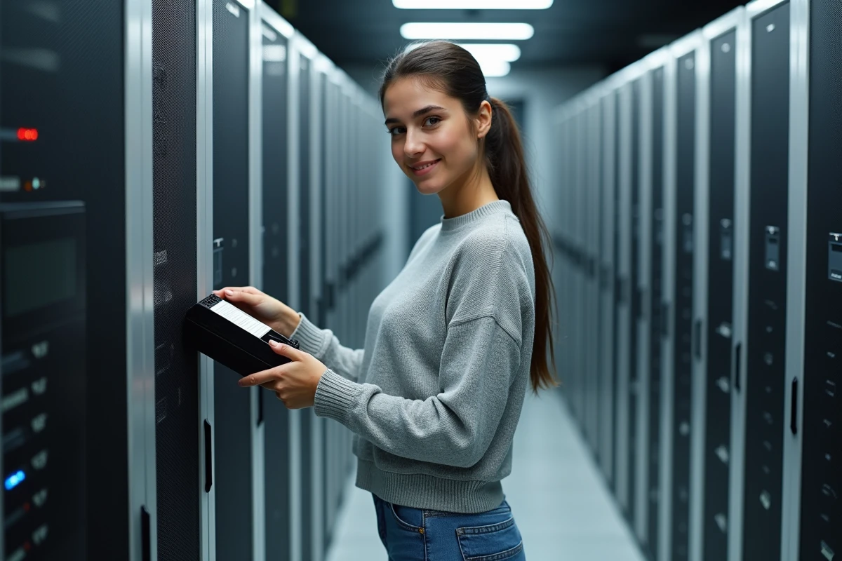 Jeune femme insérant une bande de sauvegarde dans un serveur
