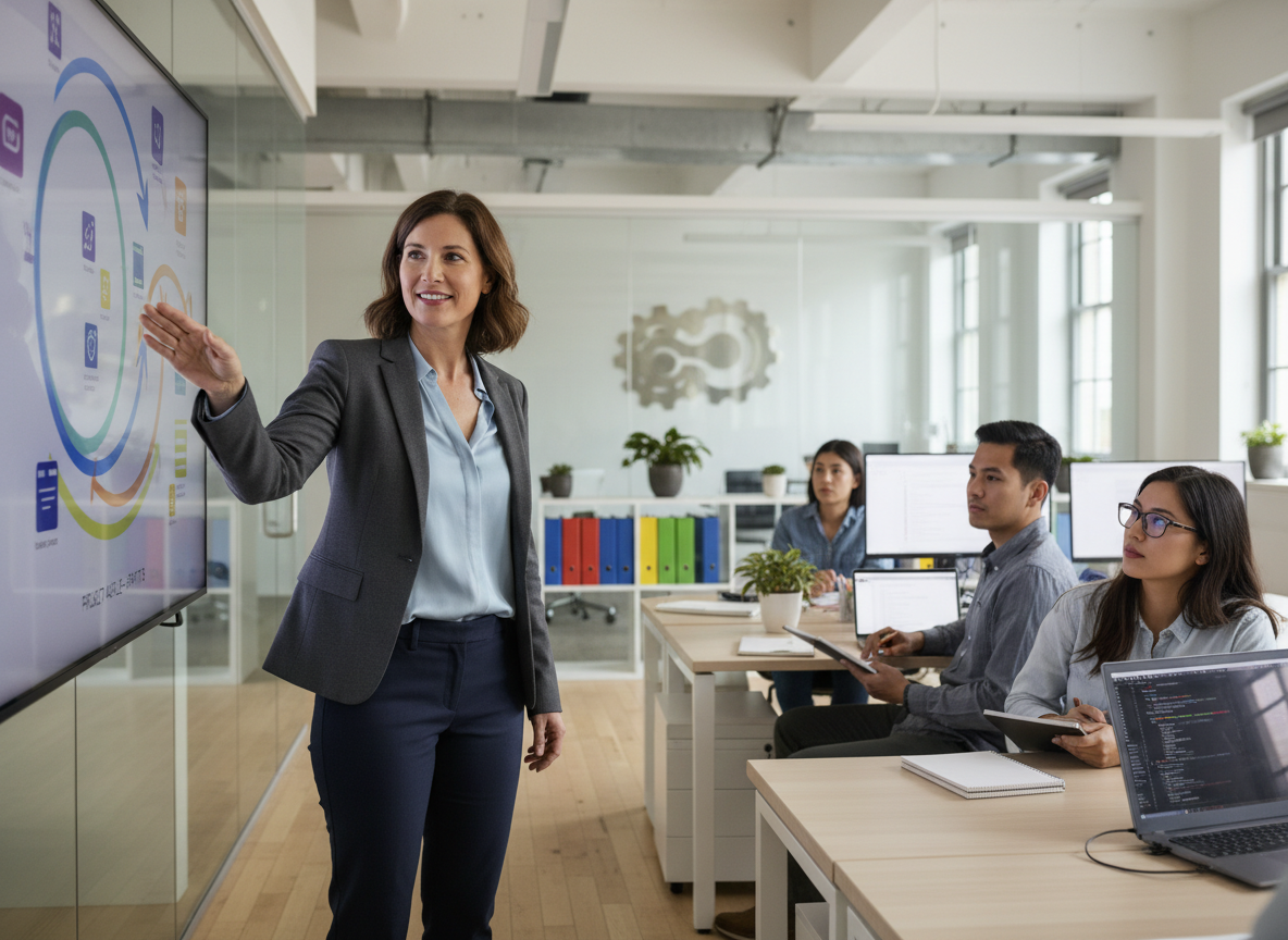 Manager IT femme expliquant des graphiques à une équipe