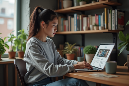 Jeune femme lisant un flux RSS sur son ordinateur à la maison