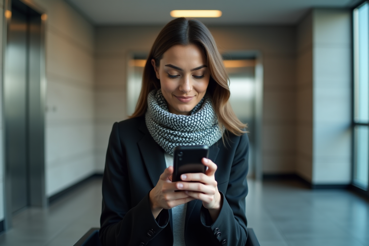 Jeune femme bloquant un email dans un lobby moderne