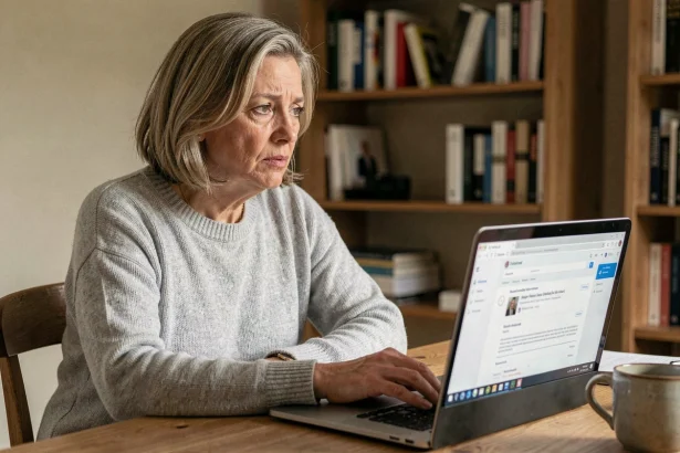 Femme de 45 ans perplexe devant son écran d'ordinateur portable affichant une interface de messagerie web