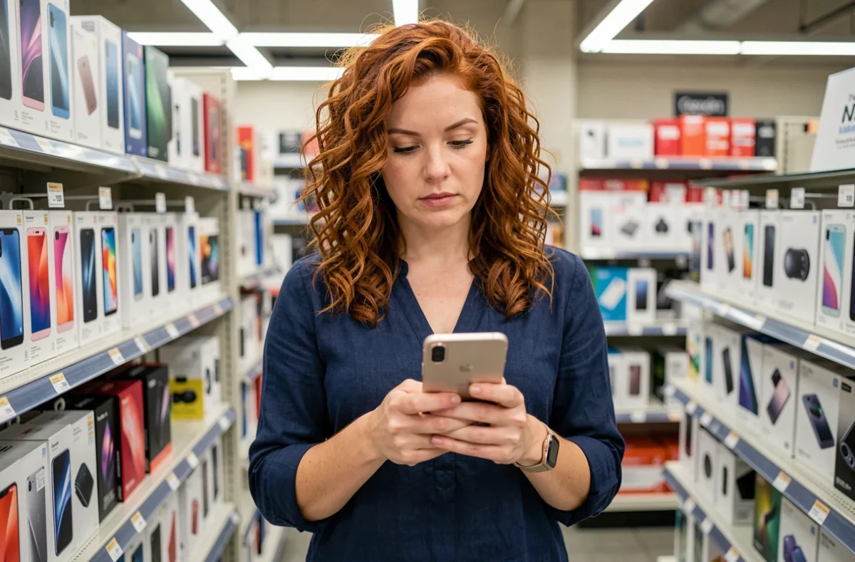 Femme comparant le prix d'un Huawei P10 Lite reconditionné dans un magasin électronique