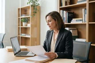 Femme d affaires en blazer dans un bureau moderne