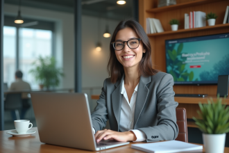 Jeune femme professionnelle travaillant sur son ordinateur dans un bureau lumineux