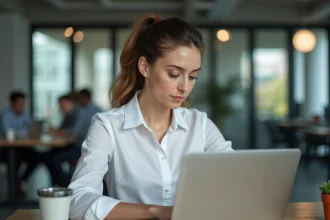Femme professionnelle convertissant un fichier Pages en PDF sur son ordinateur portable dans un bureau moderne