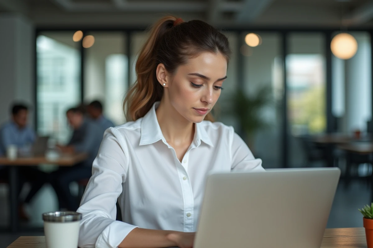Femme professionnelle convertissant un fichier Pages en PDF sur son ordinateur portable dans un bureau moderne