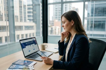 Femme professionnelle compare internet fibre et satellite sur son ordinateur