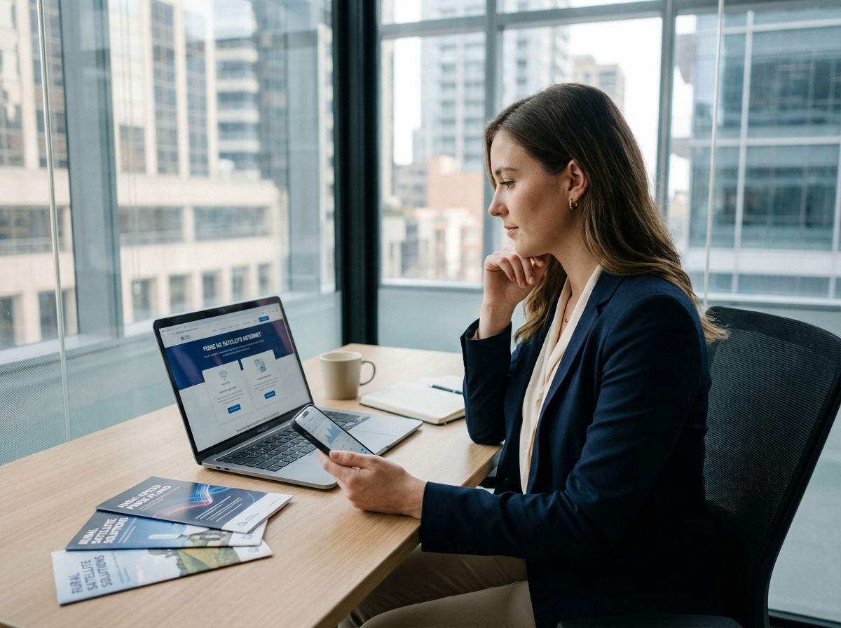 Femme professionnelle compare internet fibre et satellite sur son ordinateur
