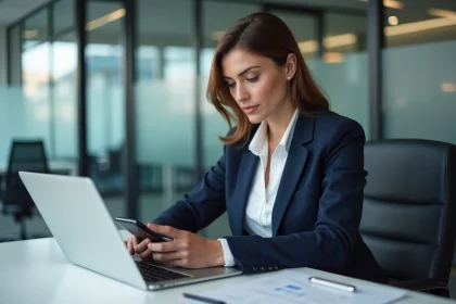 Femme professionnelle au bureau avec ordinateur et smartphone