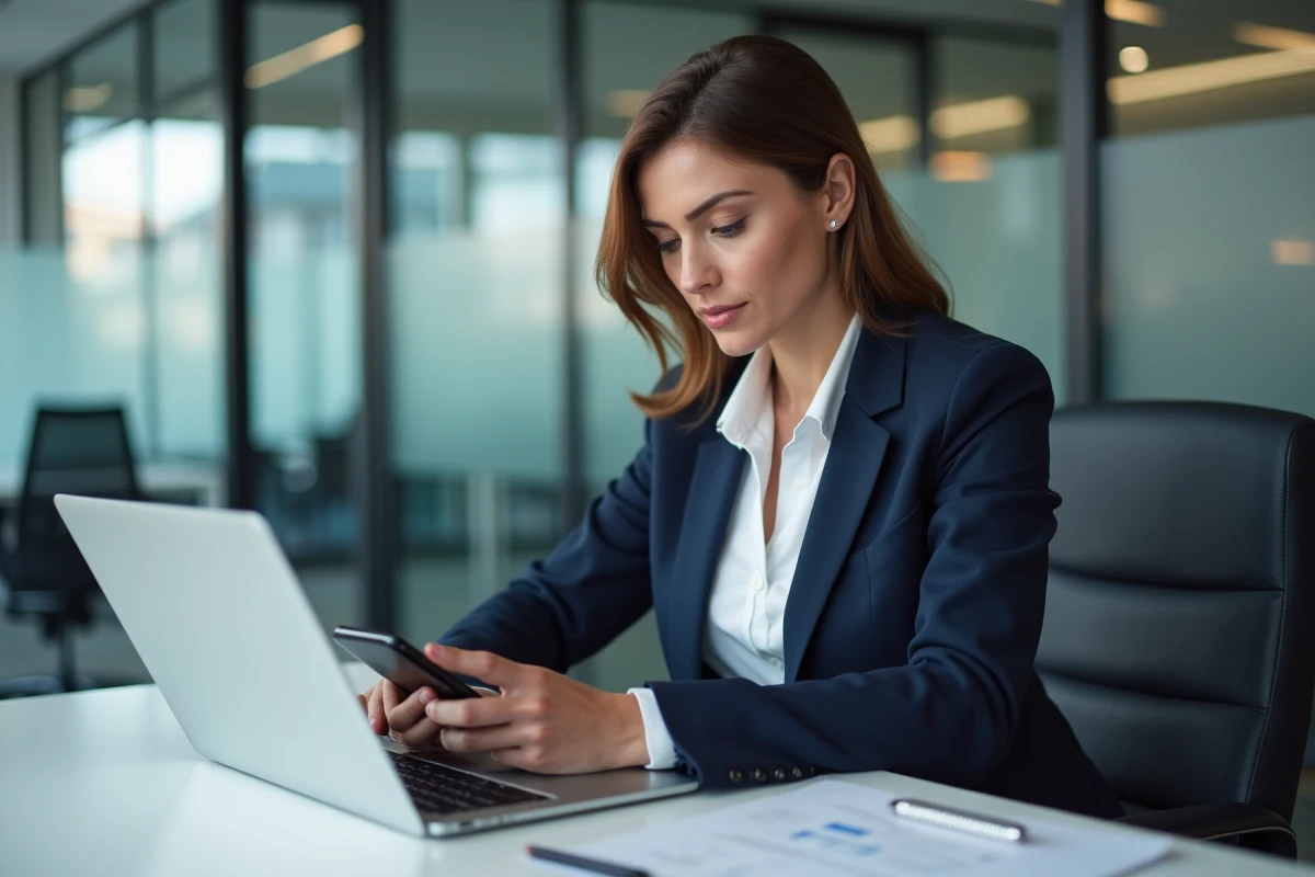 Femme professionnelle au bureau avec ordinateur et smartphone