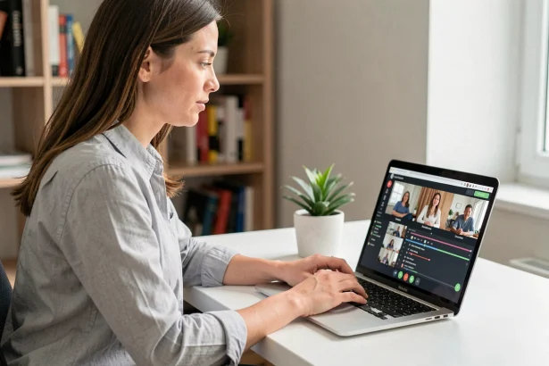 Femme configurant les réglages de Zoom sur un ordinateur portable dans un bureau à domicile moderne