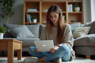 Jeune femme examine un routeur WiFi dans son salon