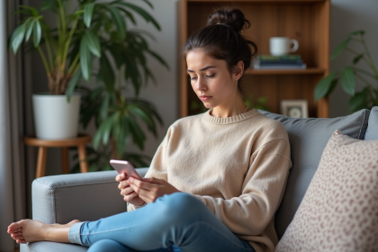 Jeune femme assise sur un canapé en intérieur avec smartphone