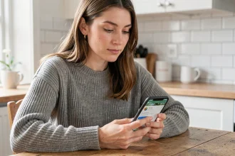 Femme utilisant Google Photos sur son smartphone pour sauvegarder automatiquement ses photos depuis sa cuisine