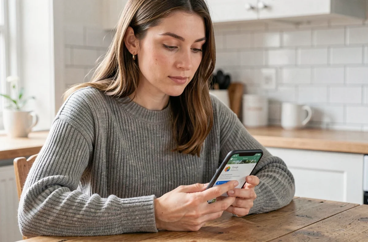 Femme utilisant Google Photos sur son smartphone pour sauvegarder automatiquement ses photos depuis sa cuisine