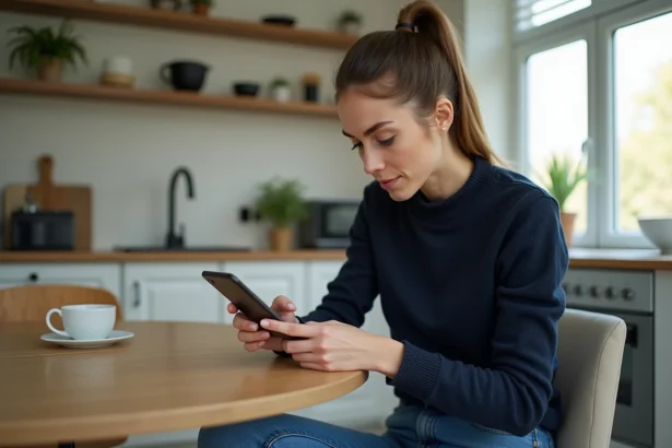 Jeune femme utilisant son smartphone dans la cuisine