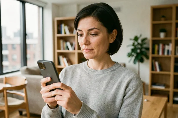 Femme tenant un smartphone Android Google Pixel dans un appartement moderne, illustrant l'usage quotidien du Google Pixel 8a