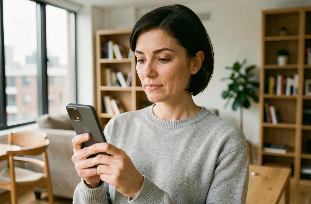 Femme tenant un smartphone Android Google Pixel dans un appartement moderne, illustrant l'usage quotidien du Google Pixel 8a