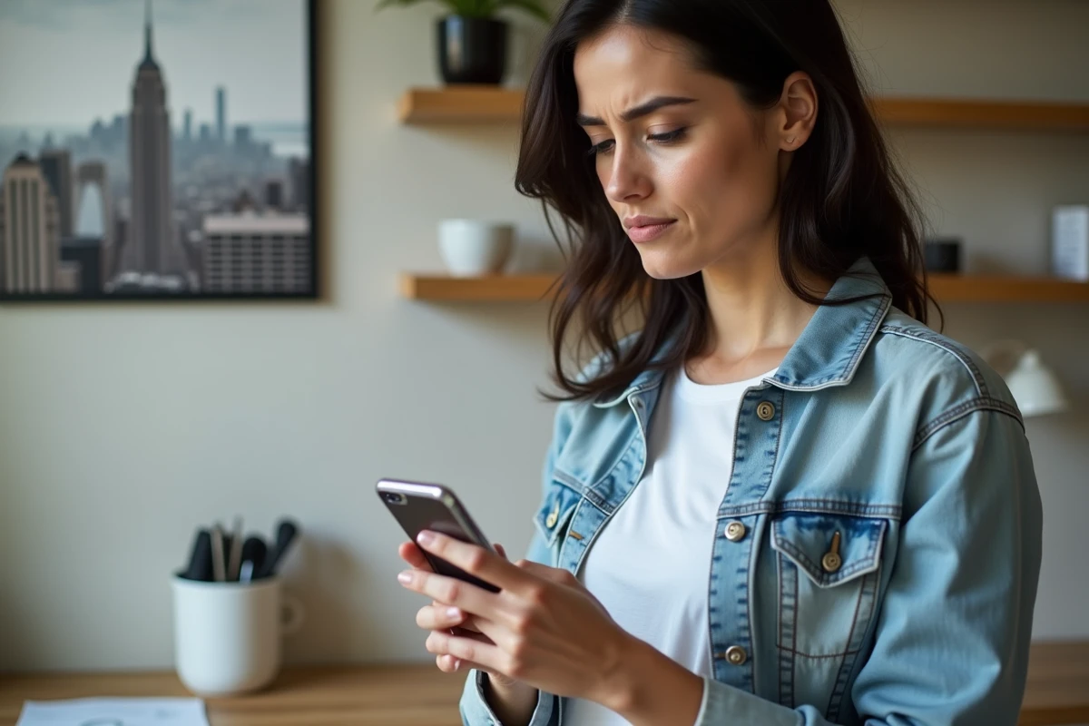 Femme perplexe utilisant son smartphone à la maison