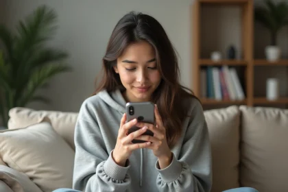Jeune femme consultant discrètement des stories Snapchat sur son smartphone depuis son canapé