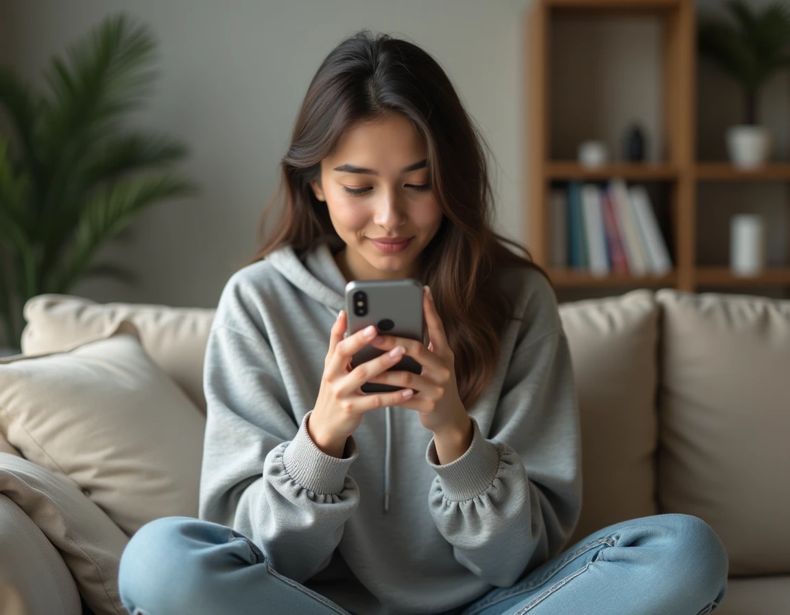Jeune femme consultant discrètement des stories Snapchat sur son smartphone depuis son canapé