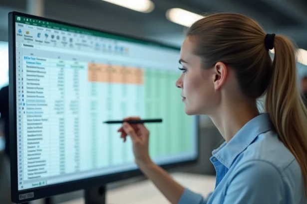 Femme professionnelle travaillant sur Excel pour supprimer des doublons dans une feuille de calcul sur grand écran